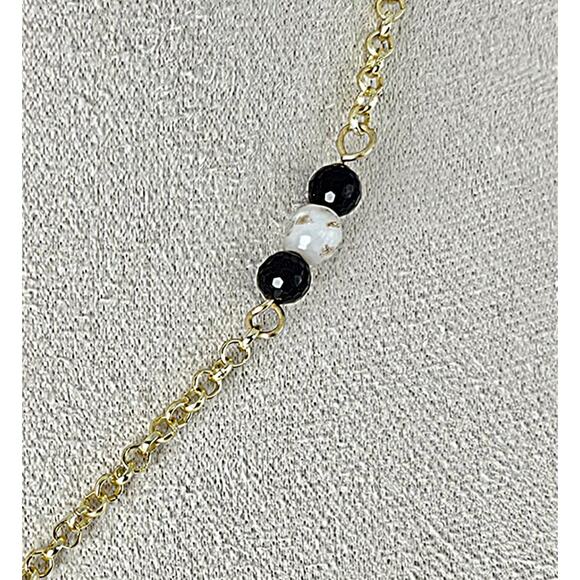 Black White Statement Necklace Flowers Enamel CZ Gold Plated Adjustable Chain - Picture 6 of 6